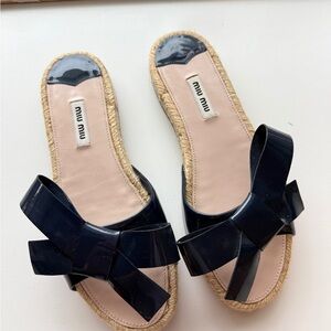 Miu Miu Navy Patent-Finish Bow Espadrille Slides Size 38| Box & Receipt